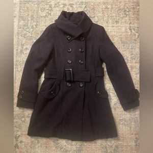 Deep purple/plum double breasted, belted peacoat. Cowl neck. Fully lined